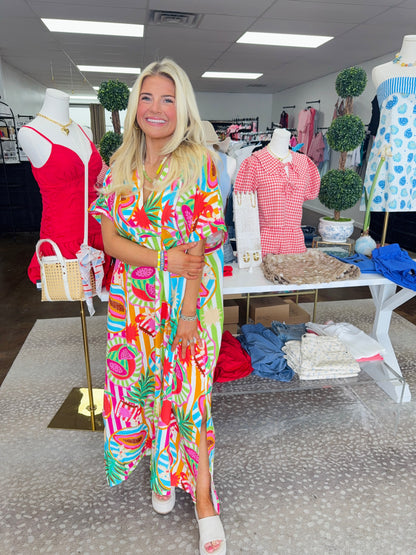 Island Fruit Gauze V- Neck Maxi Dress