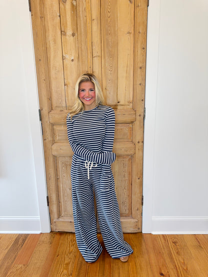 Sarah Striped Waffle Long Sleeve Top & Pants Set - Navy
