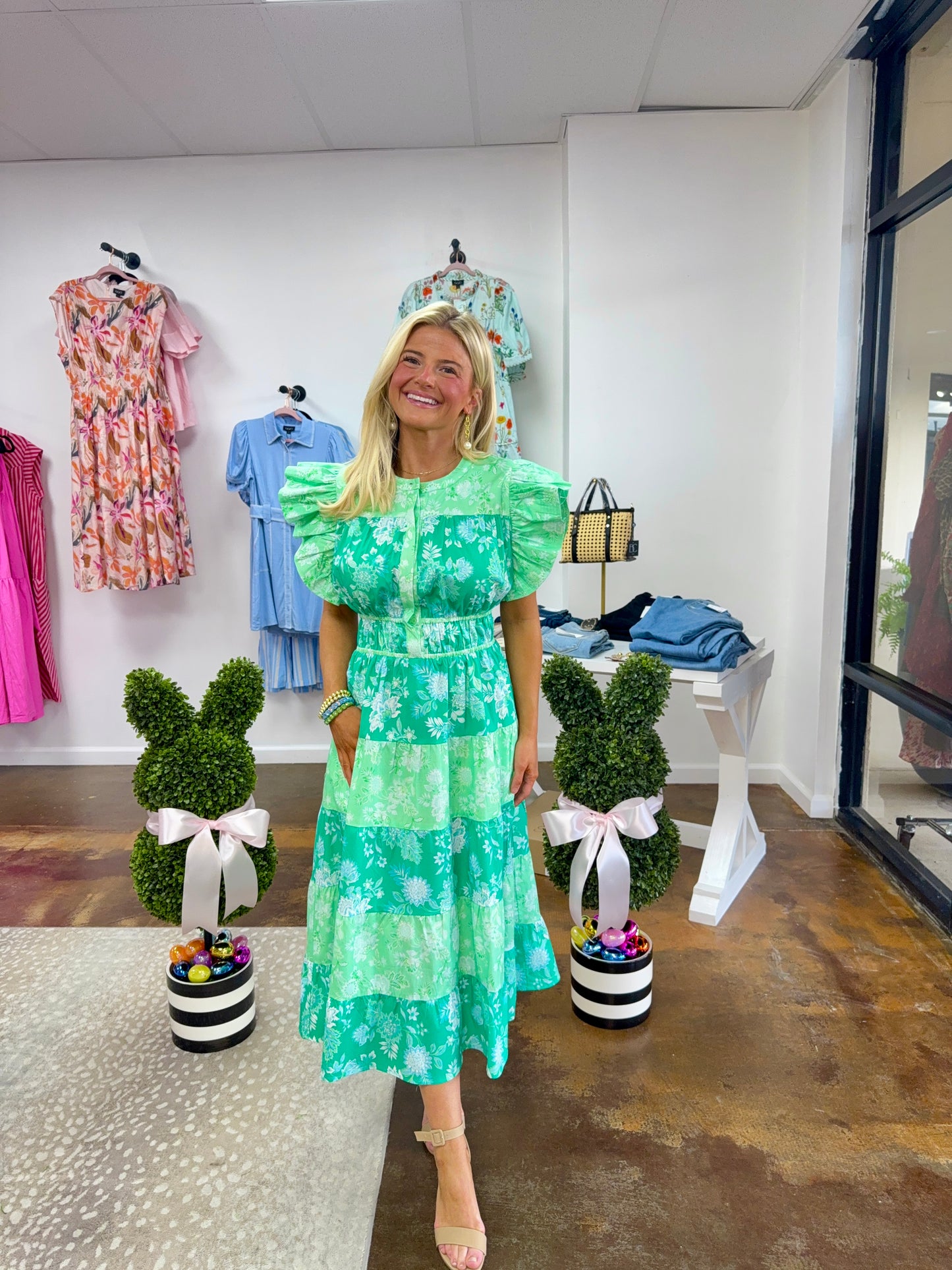 Botanical Garden Color Block Tiered Midi Dress