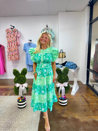 Botanical Garden Color Block Tiered Midi Dress