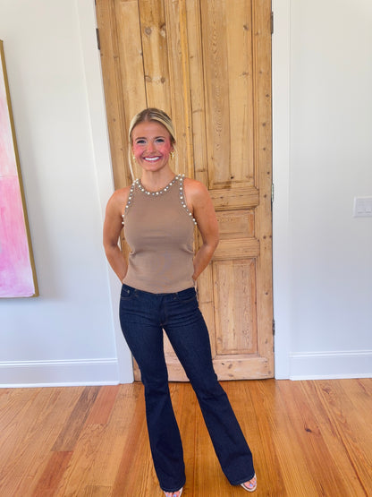 Pearl & Rhinestone Embellished Ribbed Knit Tank Top