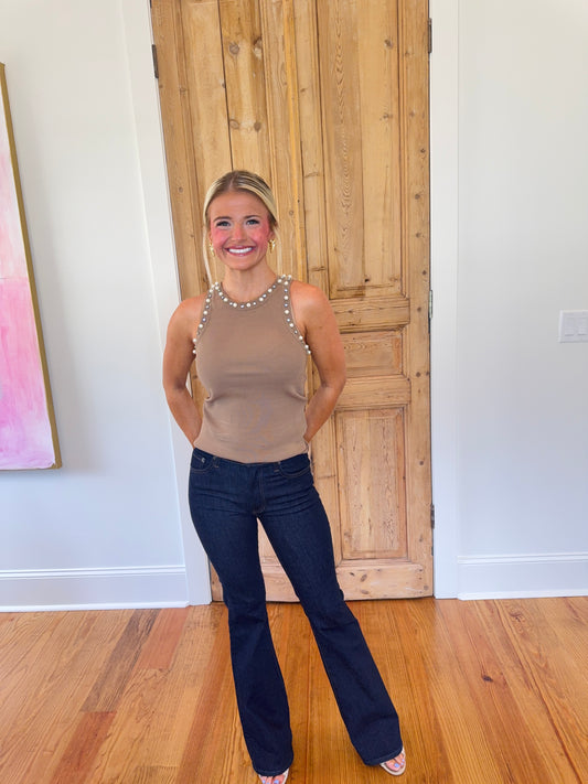 Pearl & Rhinestone Embellished Ribbed Knit Tank Top