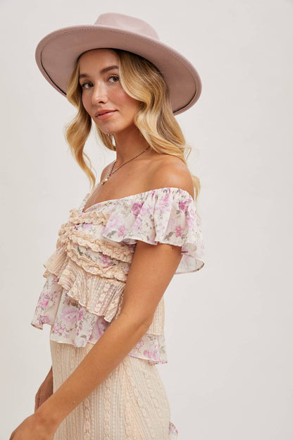 FLORAL PRINT RUFFLE with LACE TRIM- SKIRT SET