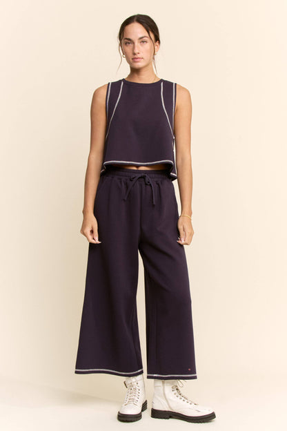 CONTRAST STITCHES TOP ELASTIC WAIST PANTS SET