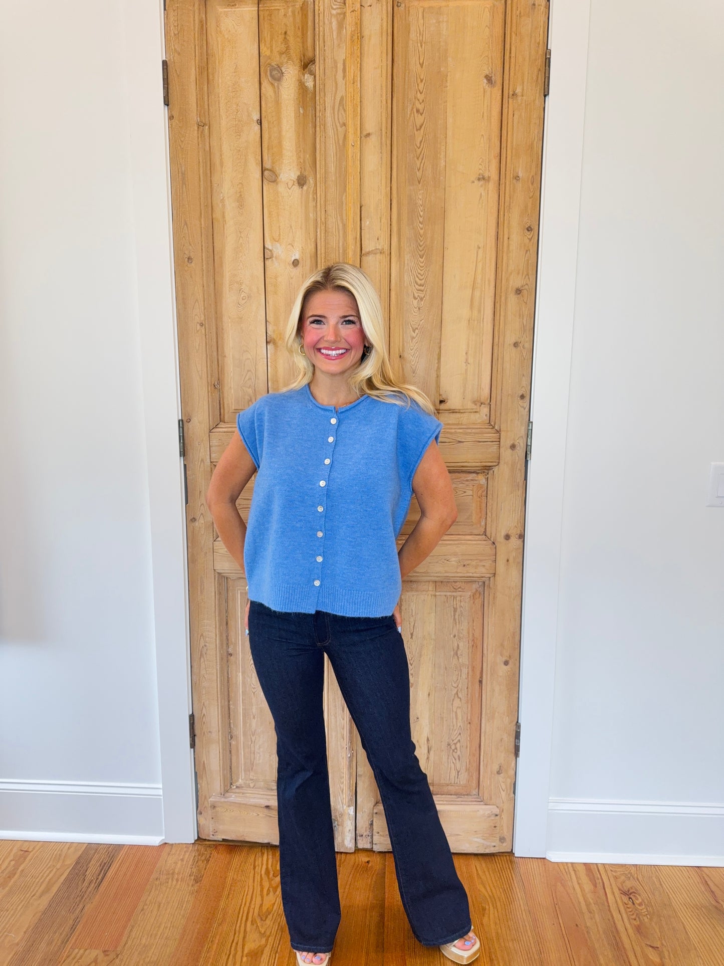 Rolled Edge Button Front Sweater Vest - Blue