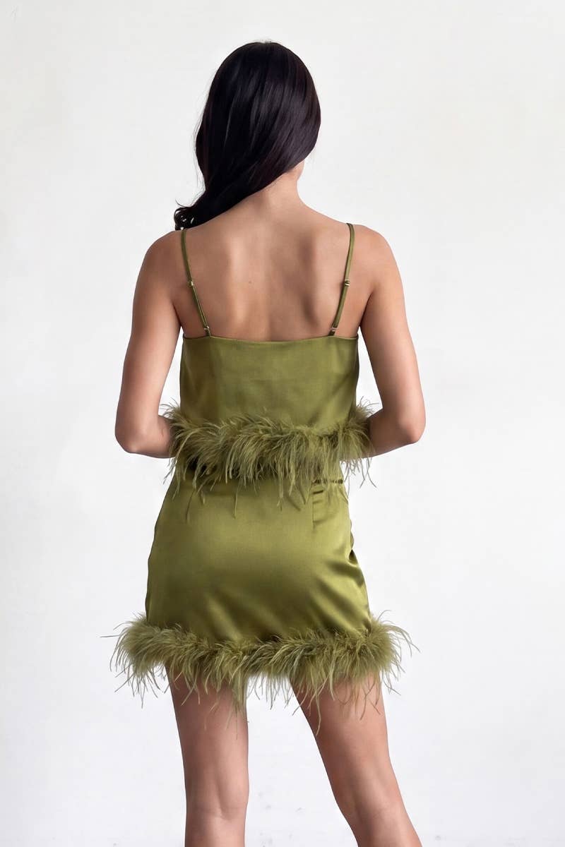CHIC FUR TRIM SATIN CAMI CROP TOP