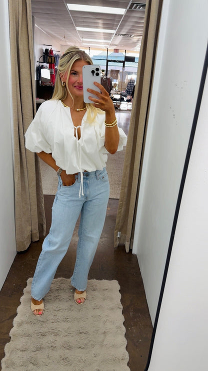 Solid Poplin Bubble Tie 3/4 Sleeve Top - White