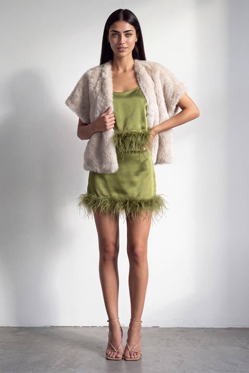 CHIC FUR TRIM SATIN CAMI CROP TOP