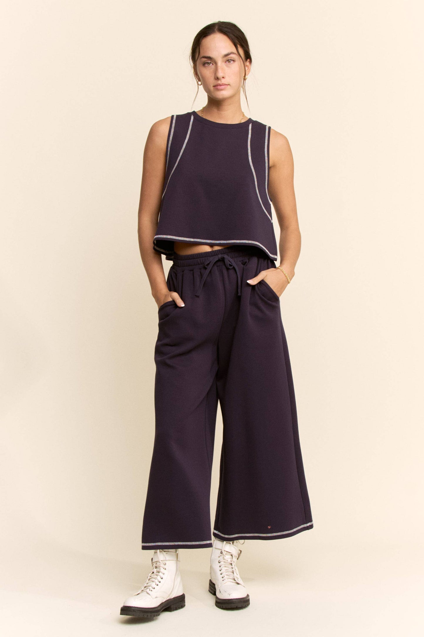 CONTRAST STITCHES TOP ELASTIC WAIST PANTS SET