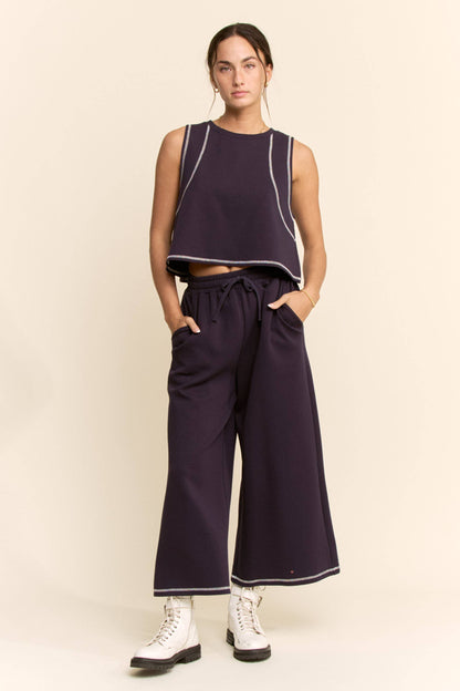 CONTRAST STITCHES TOP ELASTIC WAIST PANTS SET