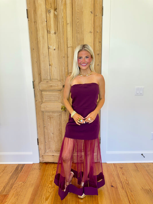 Erin Contrast Sheer Tulle Skirt Panel Strapless Dress