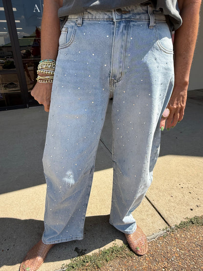 Rhinestone Scatter Barrel Jean