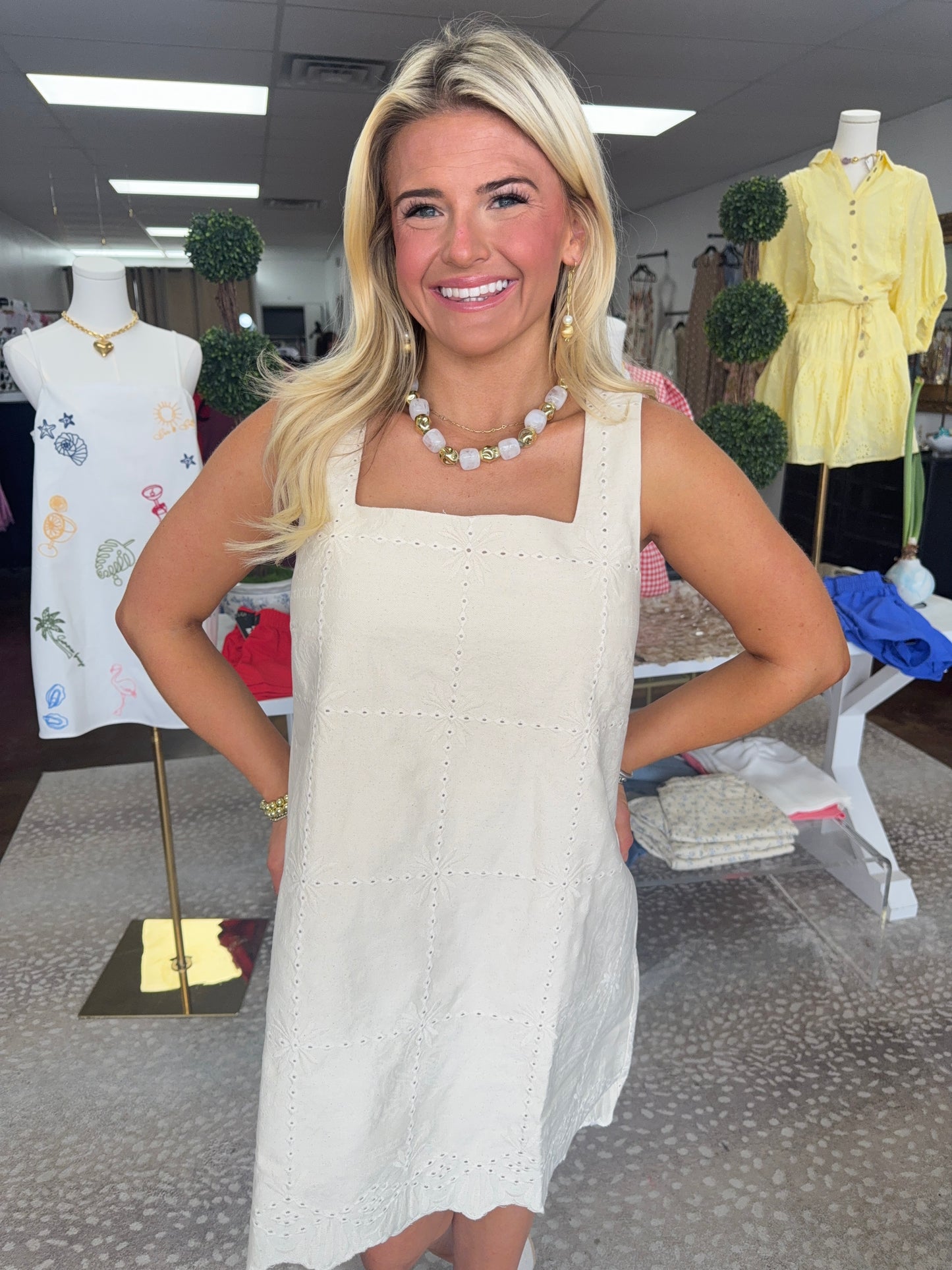 Eyelet Square Neck Mini Dress