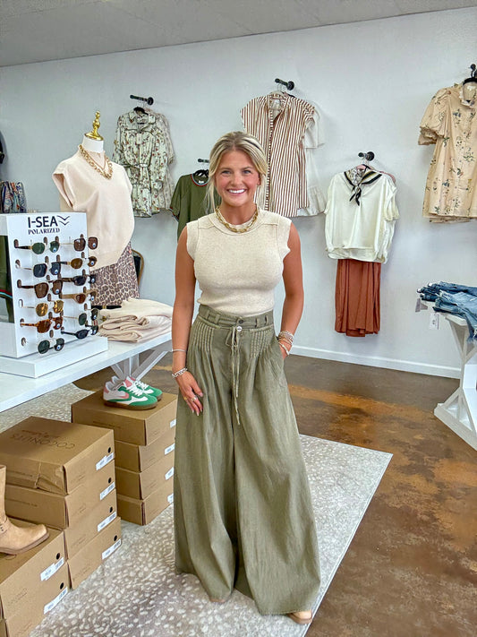 Olive Wide Leg Pants with Drawstring