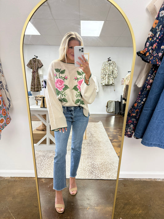 Rose Embroidery Jacquard Knit Sweater