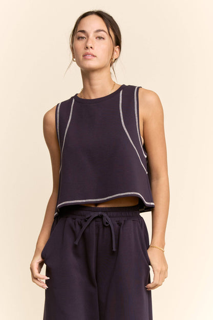 CONTRAST STITCHES TOP ELASTIC WAIST PANTS SET