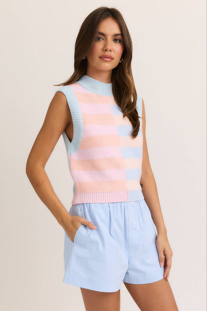 SLEEVELESS MOCK NECK COLOR BLOCK SWEATER