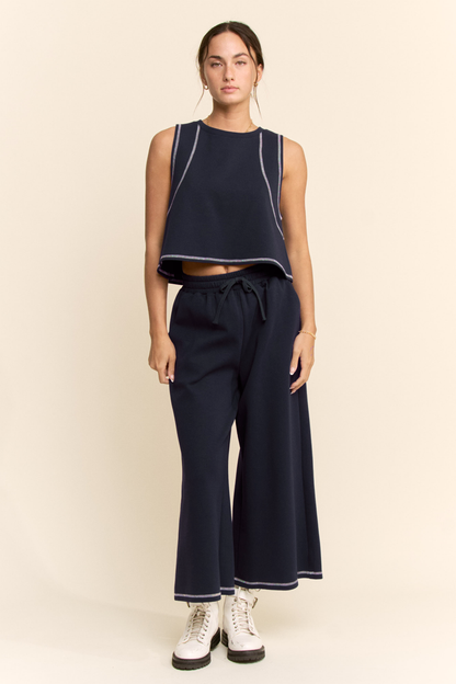 CONTRAST STITCHES TOP ELASTIC WAIST PANTS SET