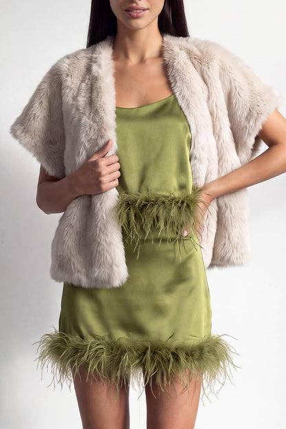 CHIC FUR TRIM SATIN MINI SKIRT
