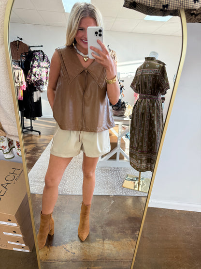 Faux Leather PinTuck and Lace Collar Top