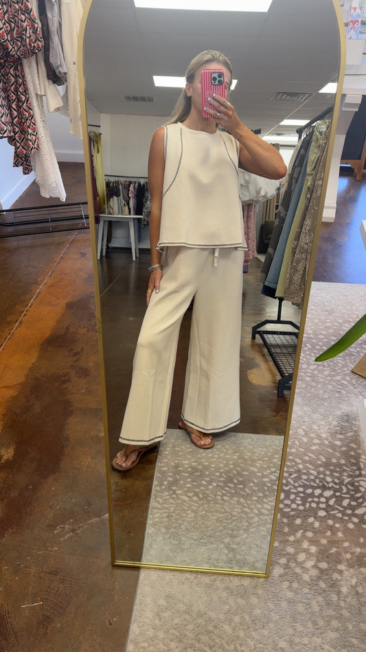 Wells Contrast Stitching Tank & Wide Leg Pants Set