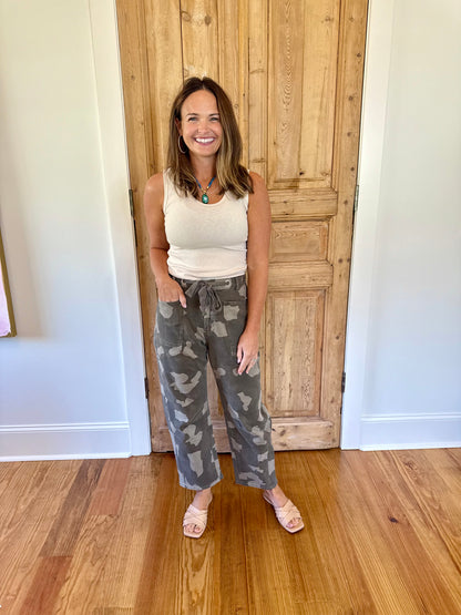 Belted Camouflage Print Pants