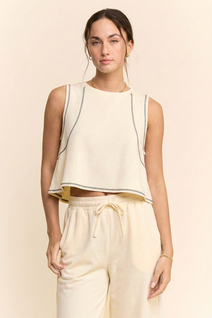 CONTRAST STITCHES TOP ELASTIC WAIST PANTS SET
