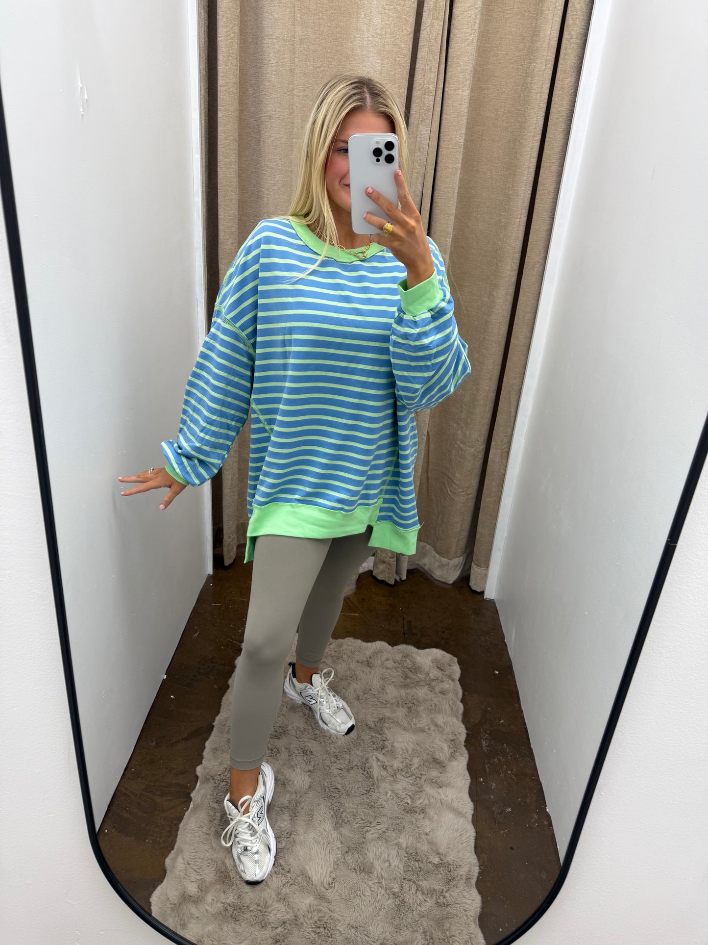 Sky Blue Stripe Constrast Trim High Low Pullover