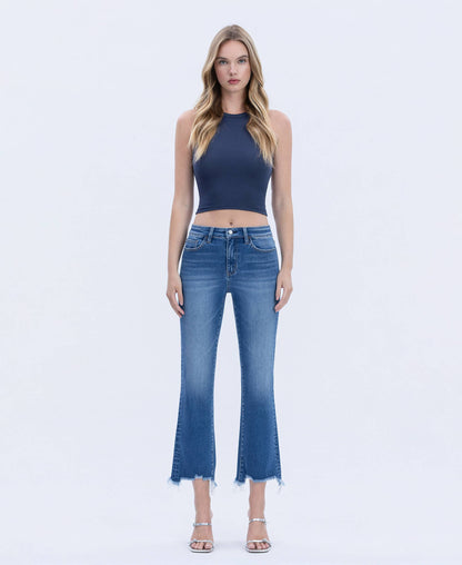 HIGH RISE DISTRESSED HEM KICK FLARE JEANS T7036