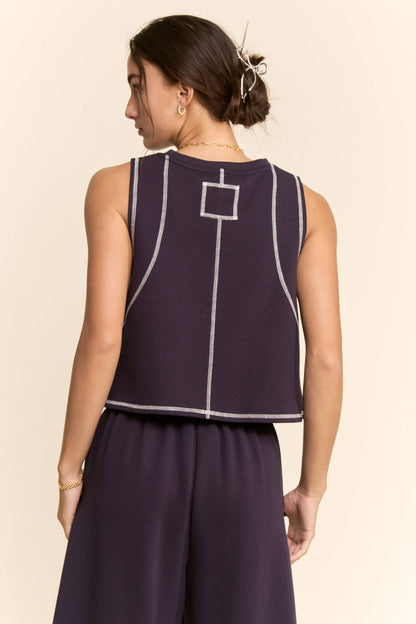 CONTRAST STITCHES TOP ELASTIC WAIST PANTS SET
