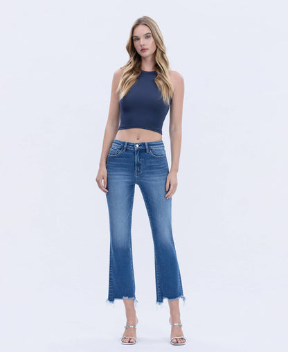 HIGH RISE DISTRESSED HEM KICK FLARE JEANS T7036