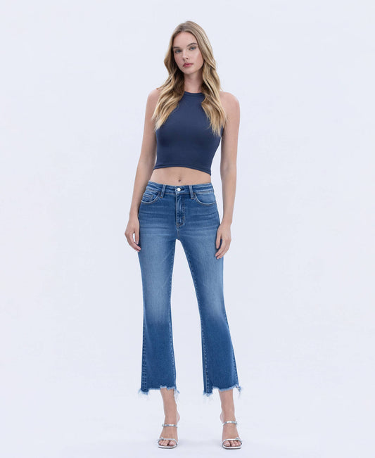 HIGH RISE DISTRESSED HEM KICK FLARE JEANS T7036
