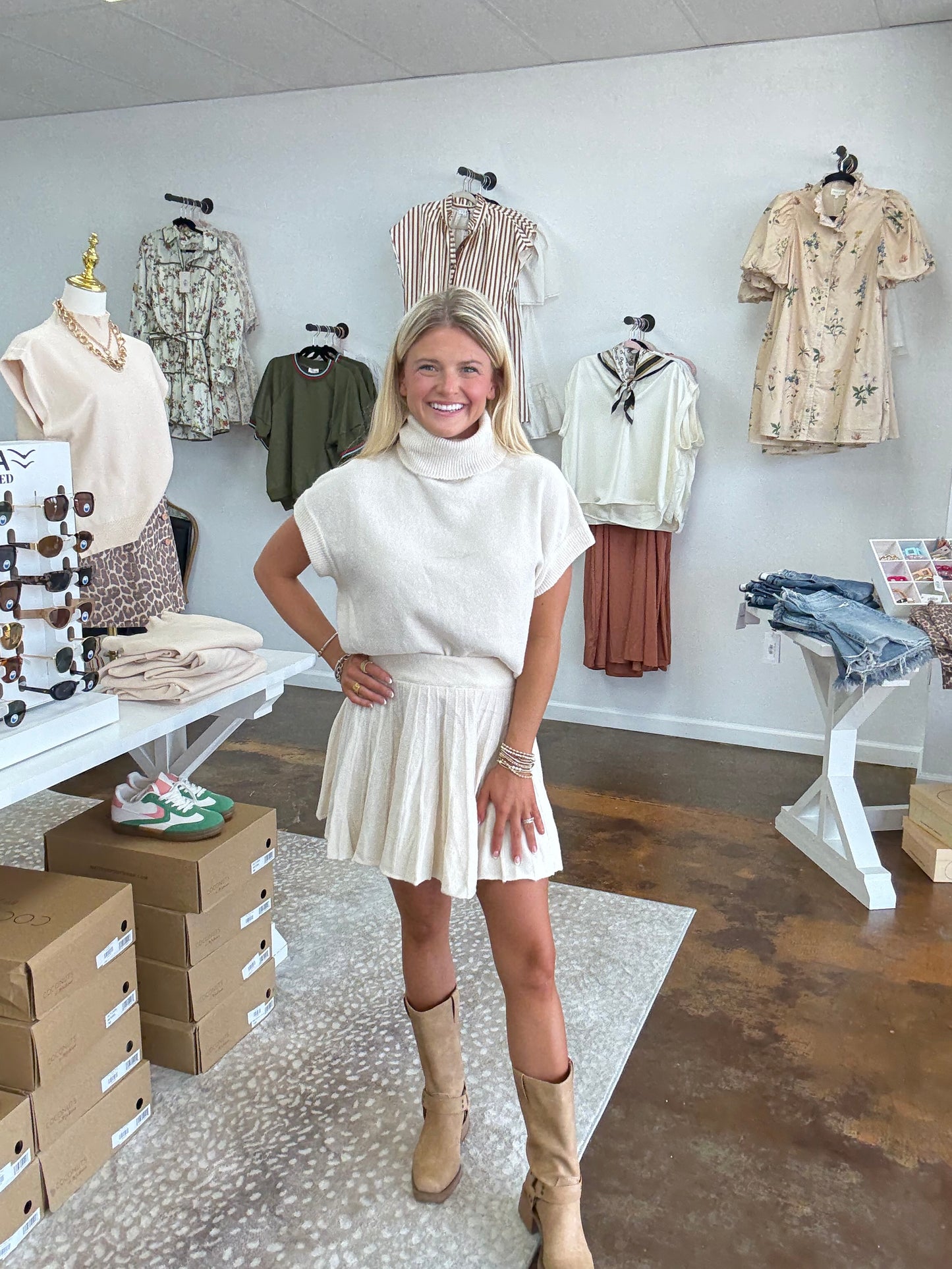 Cream Short Sleeve Sweater & Skirt Set