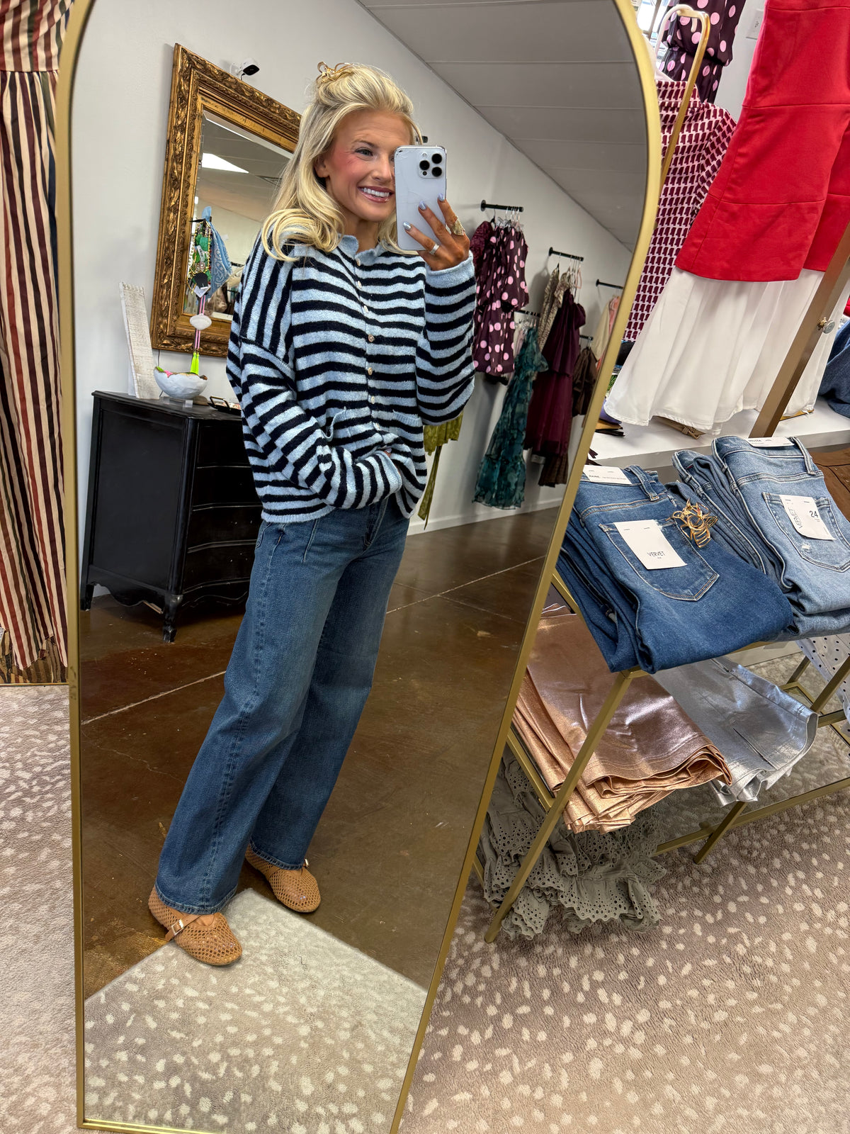 Camilla Two-Tone Striped Cardigan - Navy/Blue