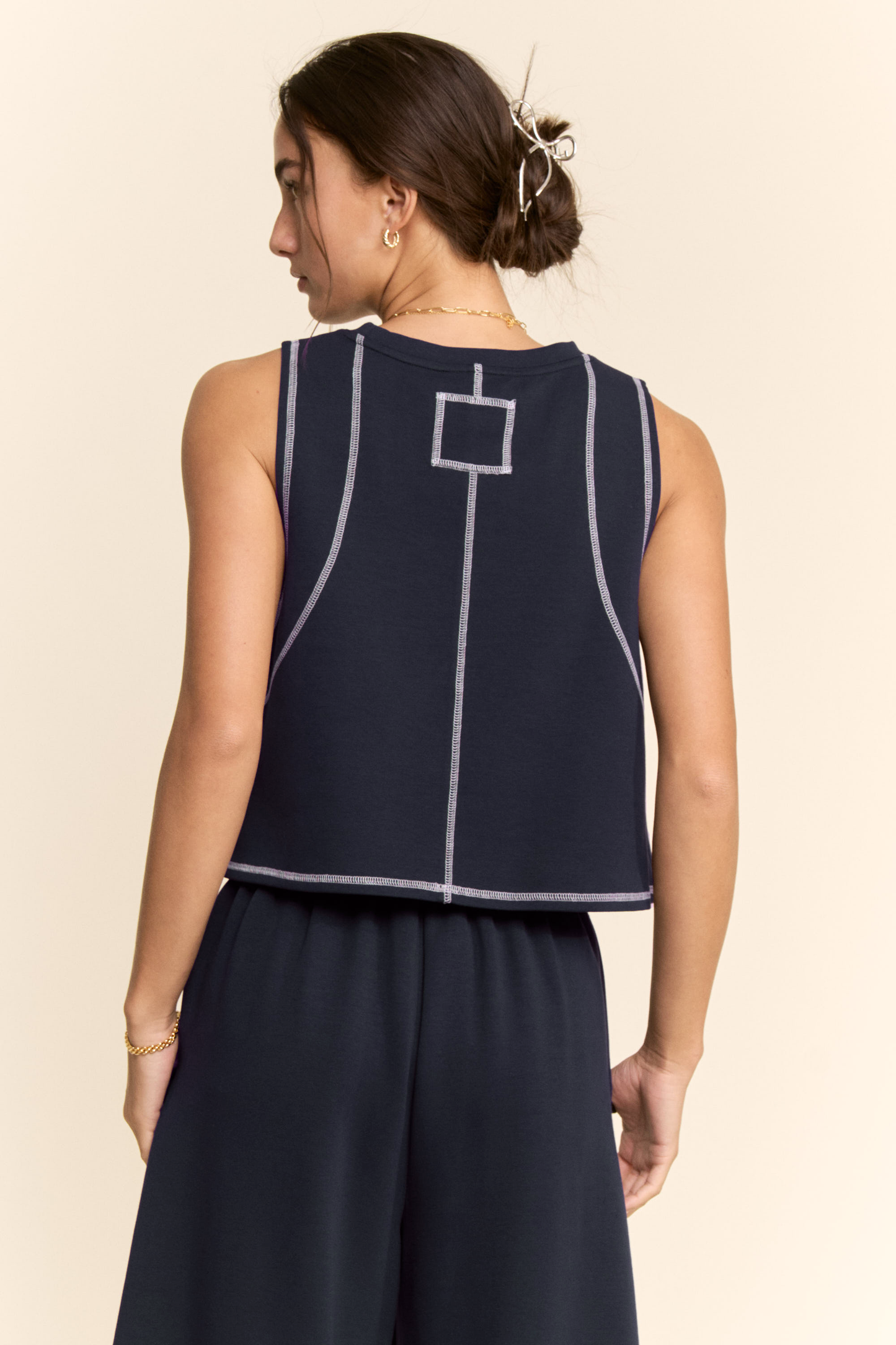 CONTRAST STITCHES TOP ELASTIC WAIST PANTS SET