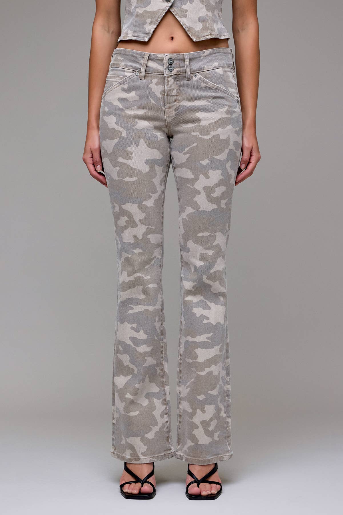 Tan Camo Double Waistband Low Rise Bootcut