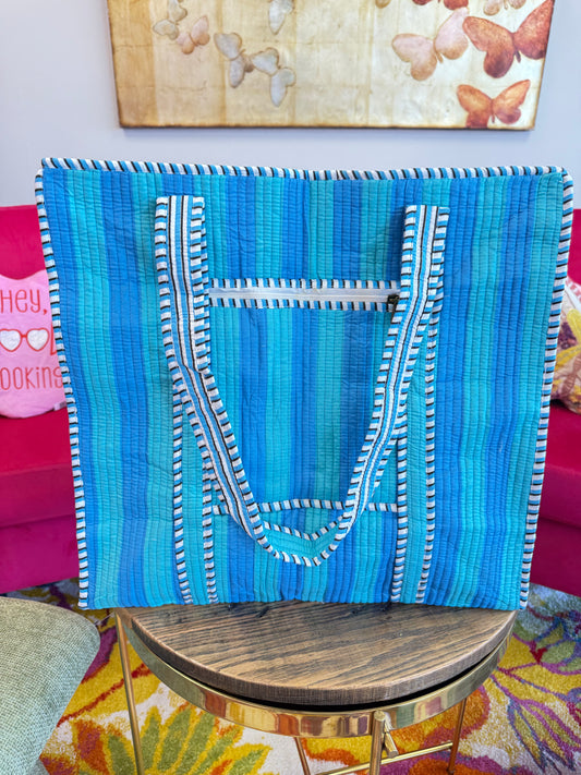 Large Quilted Tote Bag - Blue Contrast Stripes