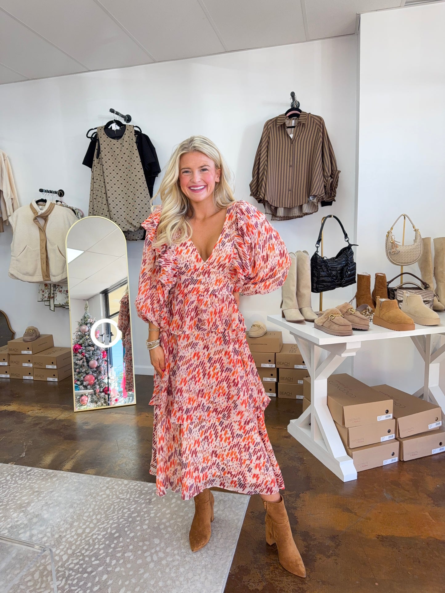 Multi Abstract Vneck Ruffle Midi Dress