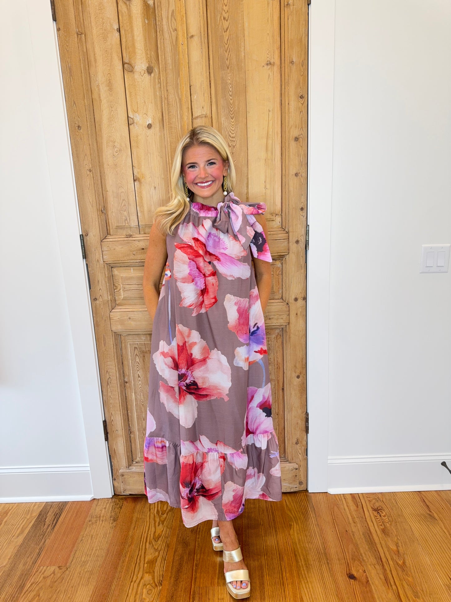 Reece Tie Neck Floral Midi Dress - Mauve