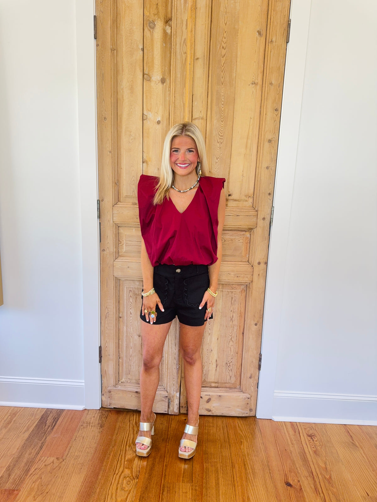 Poplin Bubble Sleeveless Top- Burgandy