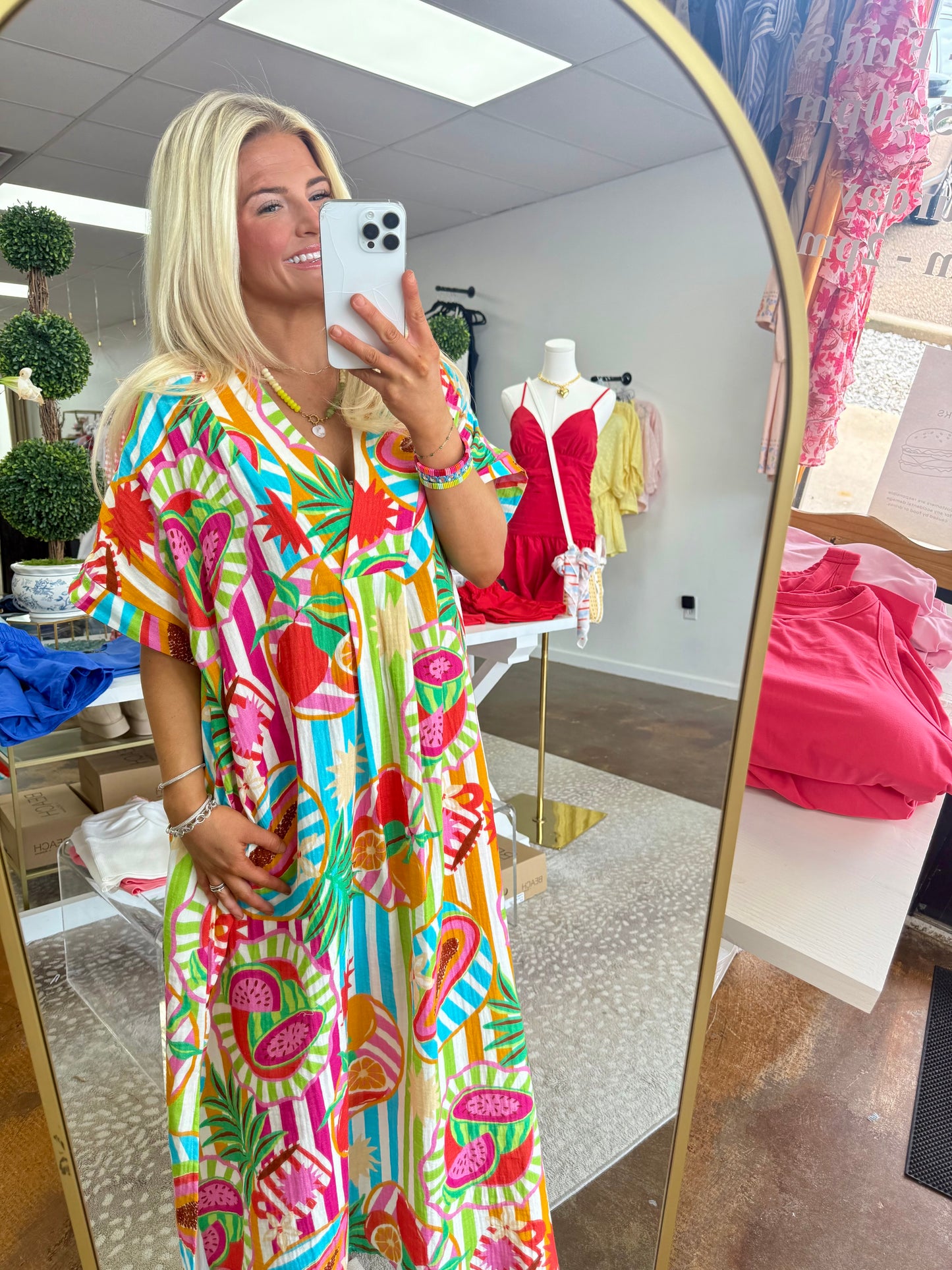 Island Fruit Gauze V- Neck Maxi Dress