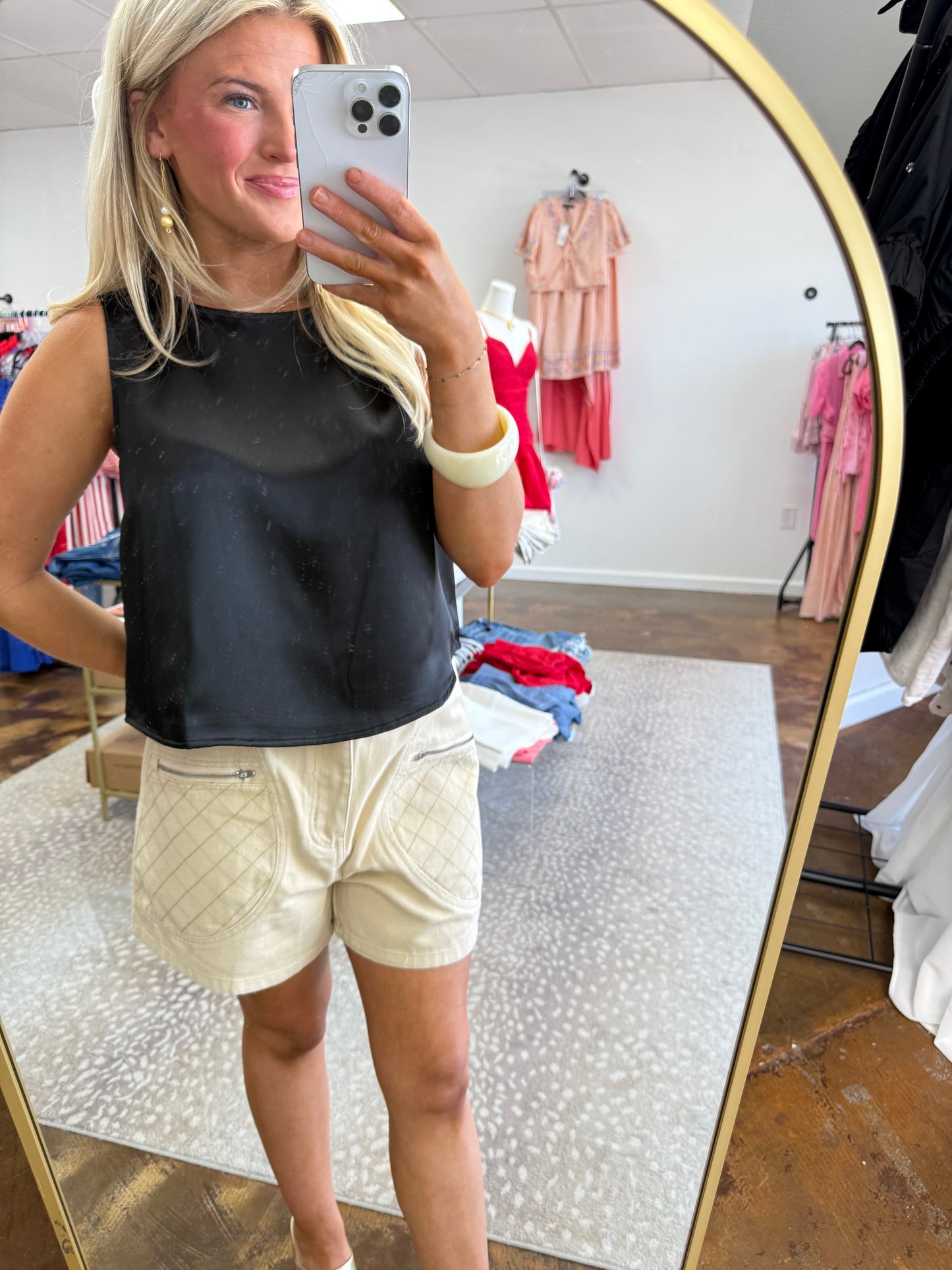 Sandy High-Waist Quilted Denim Shorts