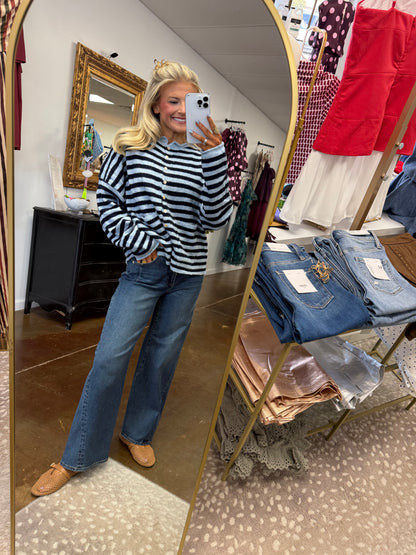 Camilla Two-Tone Striped Cardigan - Navy/Blue