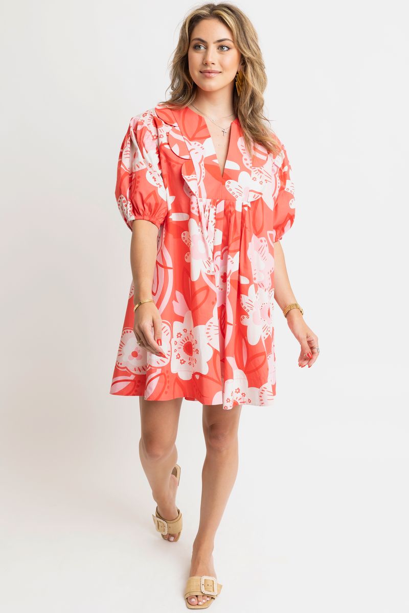 Artist Floral V Neck Scallop Dress