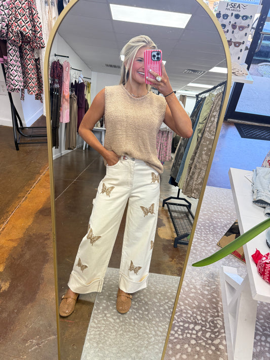 Butterfly Embroidered Cuffed Twill Pants