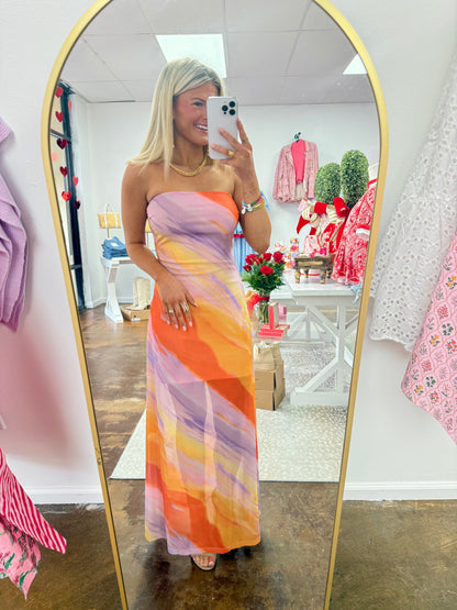 Printed Mesh Tube Midi Dress