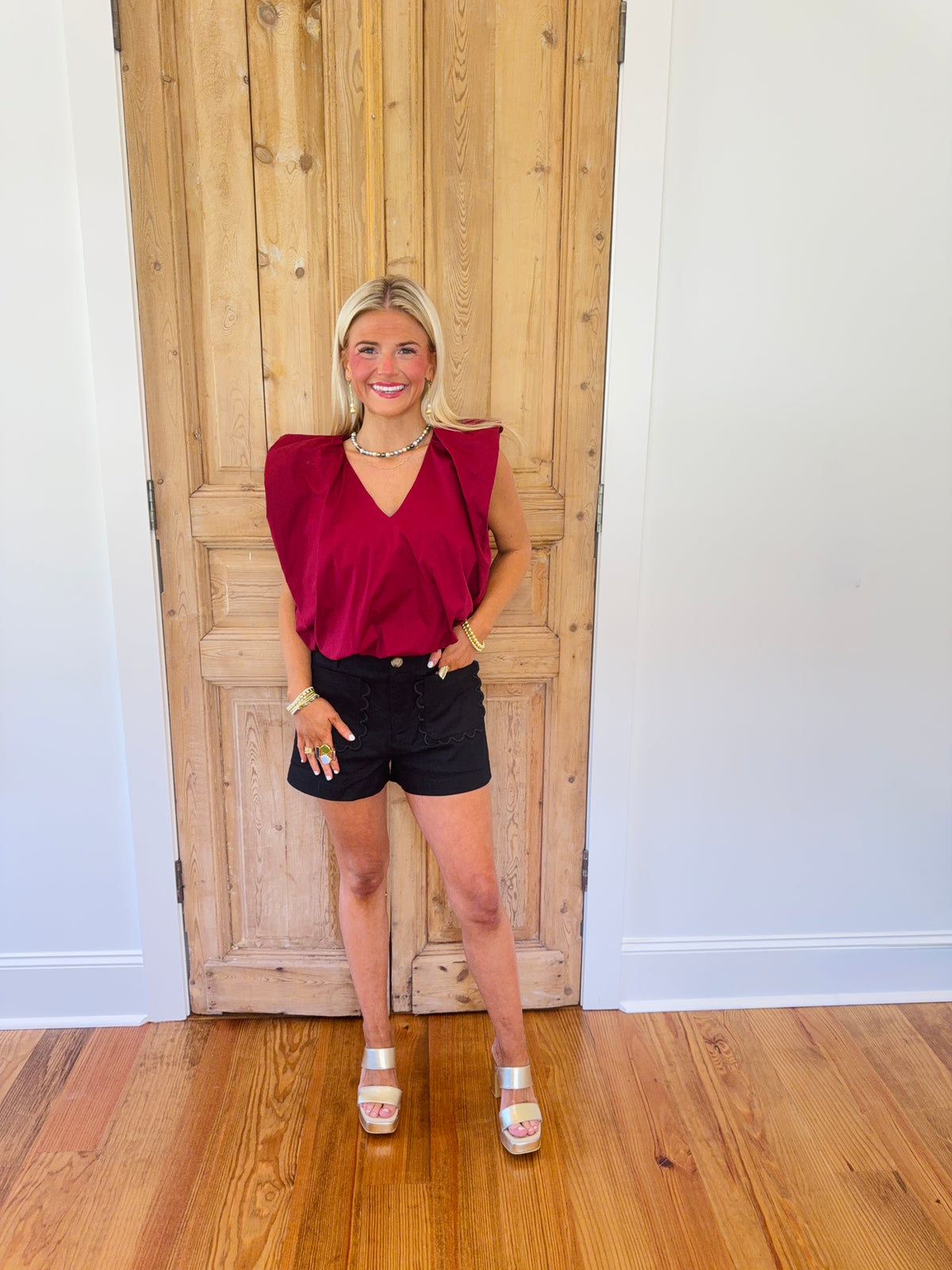 Poplin Bubble Sleeveless Top- Burgandy