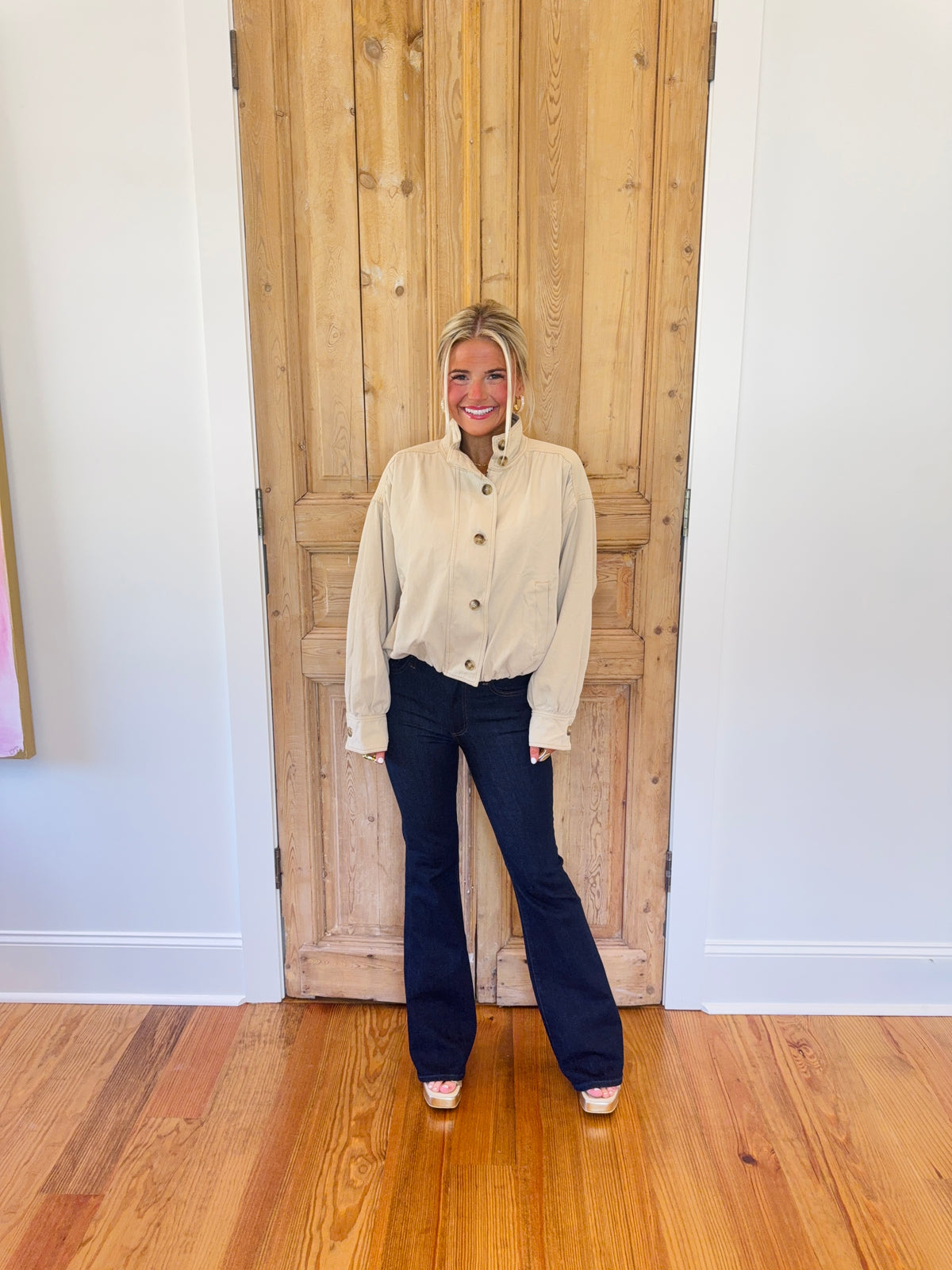 Emma High Collar Denim Bomber Jacket