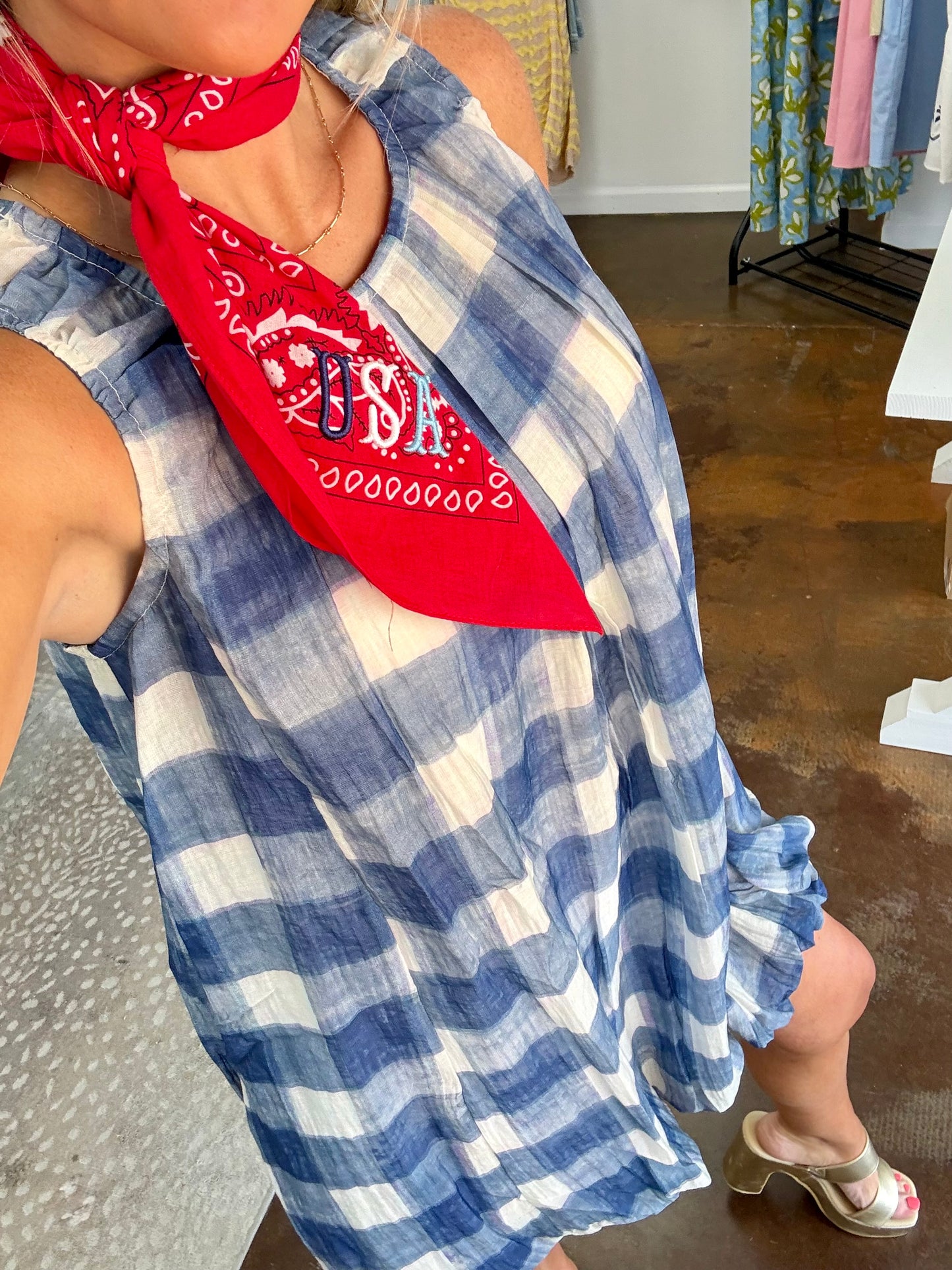 The Dottie Blue Gingham Bubble Mini Dress