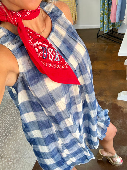 The Dottie Blue Gingham Bubble Mini Dress